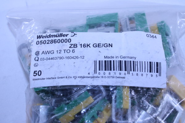 WEIDMÜLLER ZB 16K/GN  Zugklemme 0502860000  50 Stück